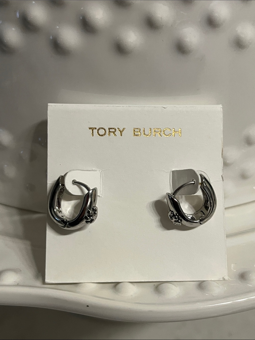 Tory Burch Silver toned Mini Hoop Earrings with Logo Accent